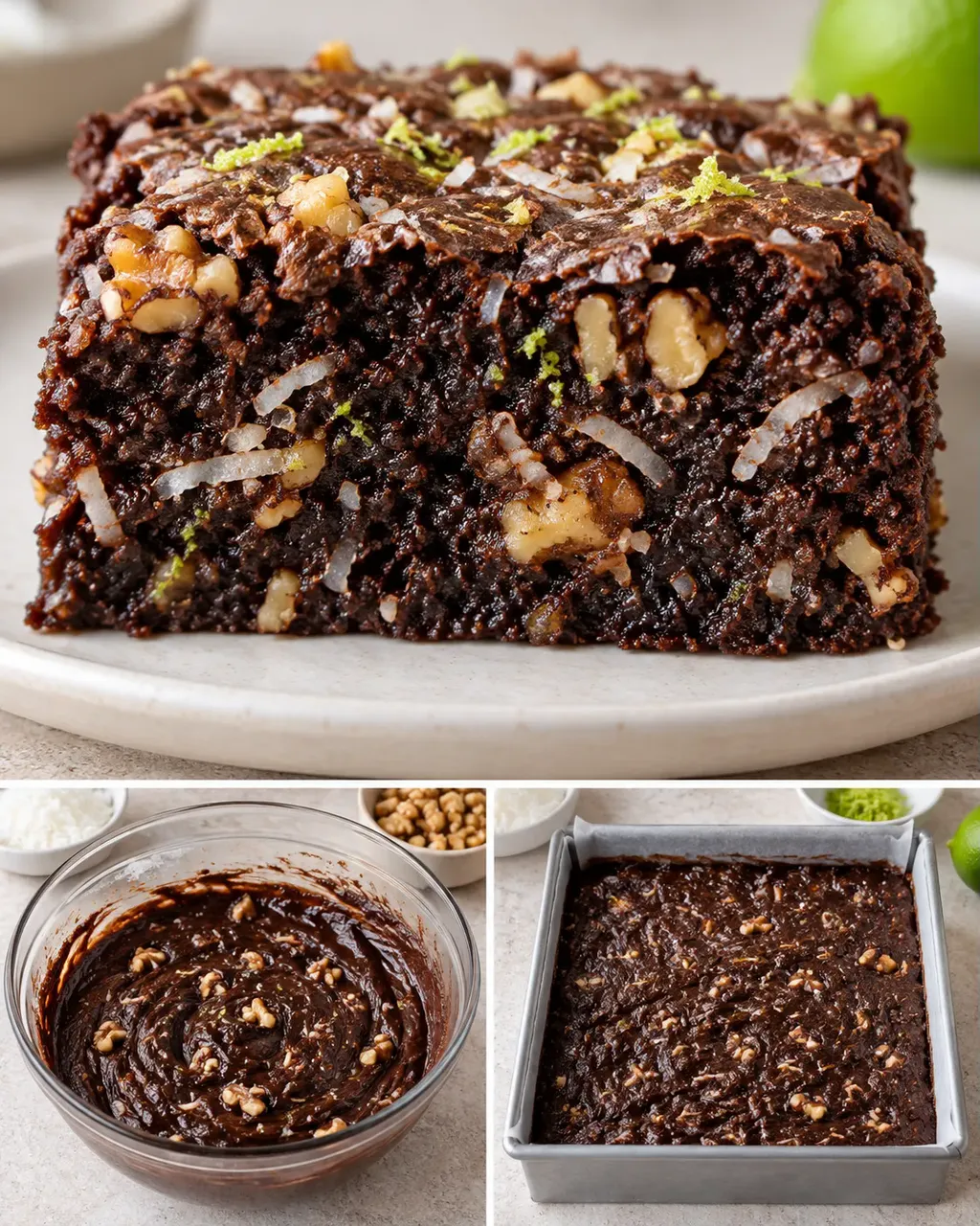 Brownie — kokos, limoen, walnoten