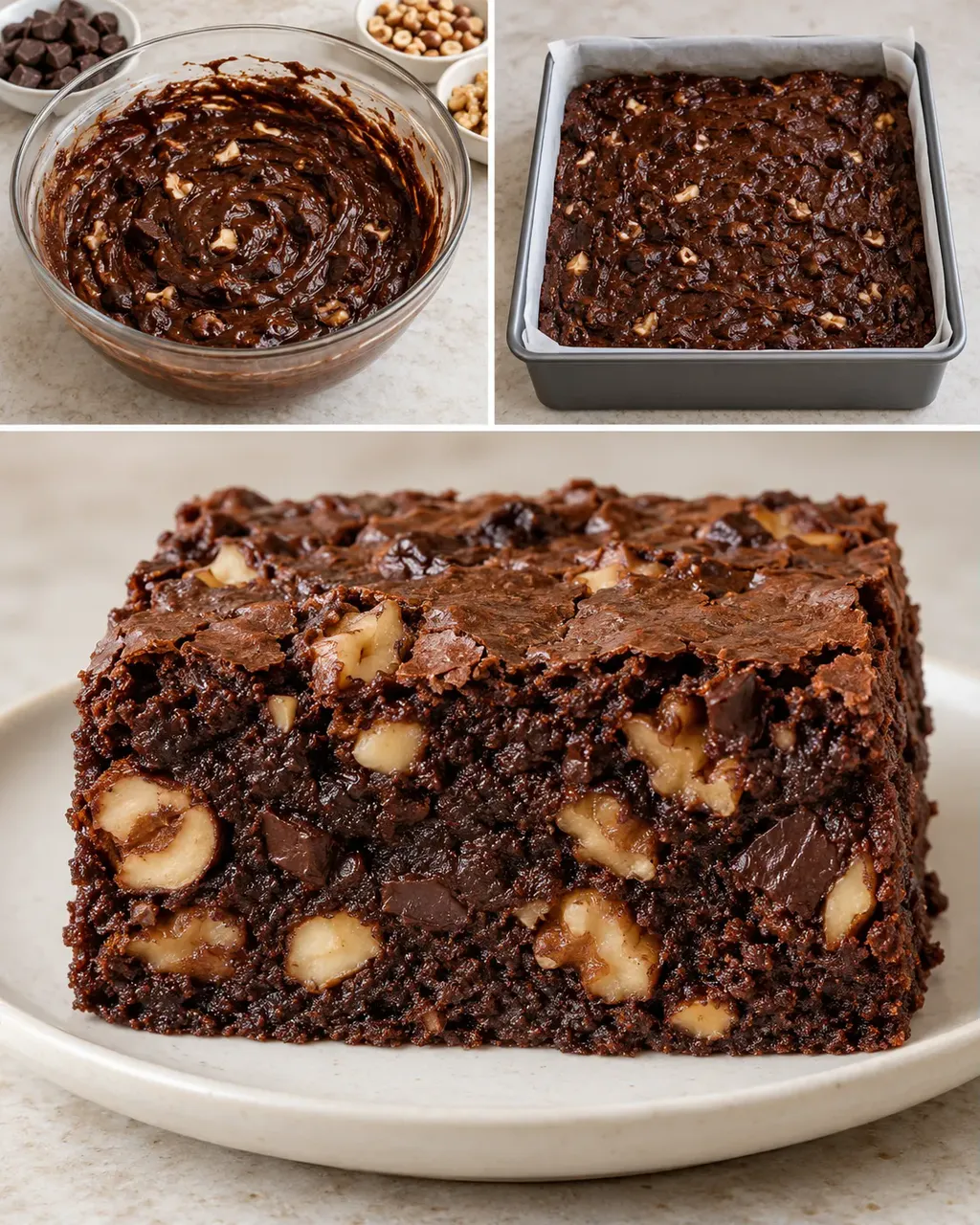 Brownie — pure chocolade, hazelnoten, walnoten