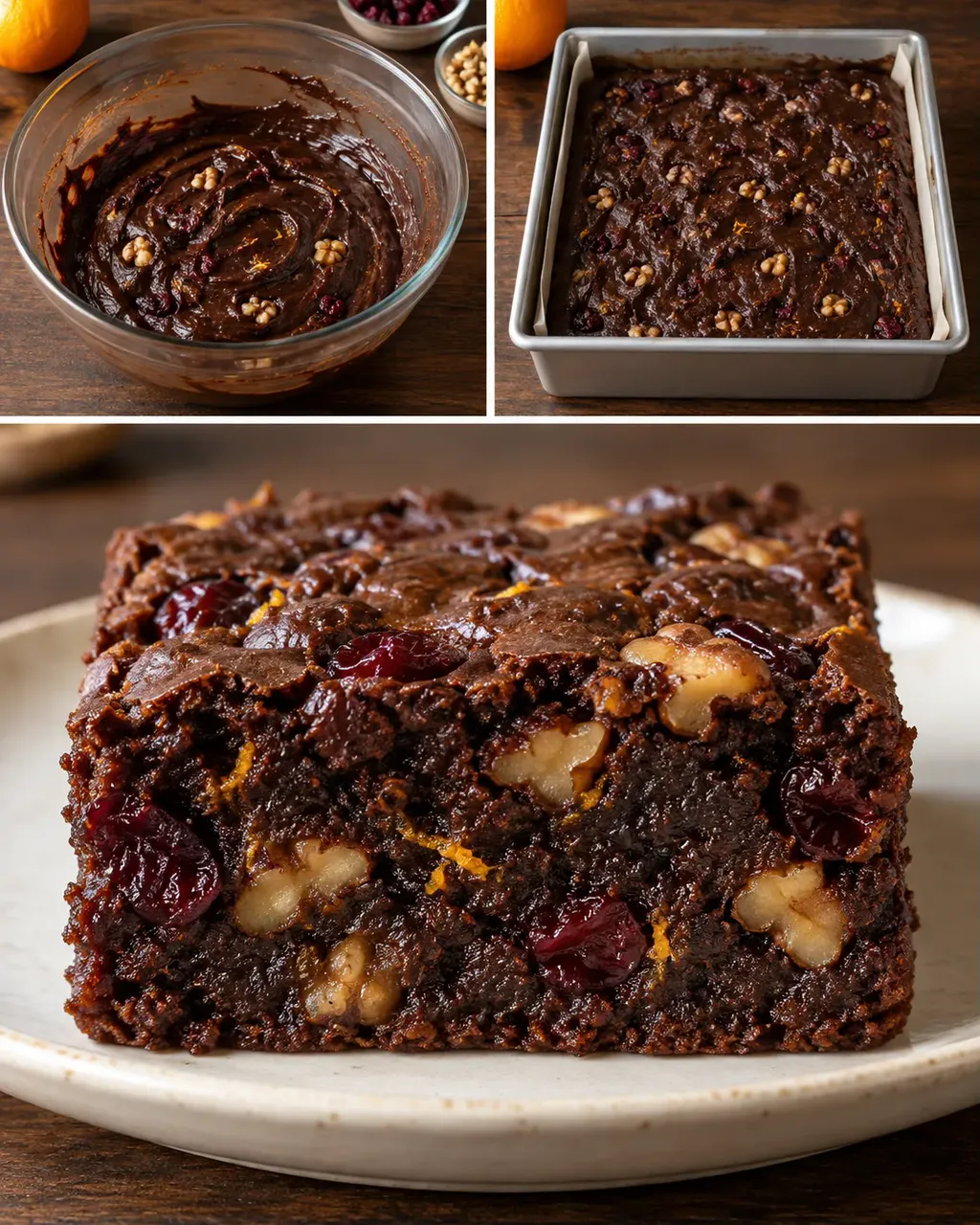 Brownie — cranberry’s, sinaasappel, walnoten