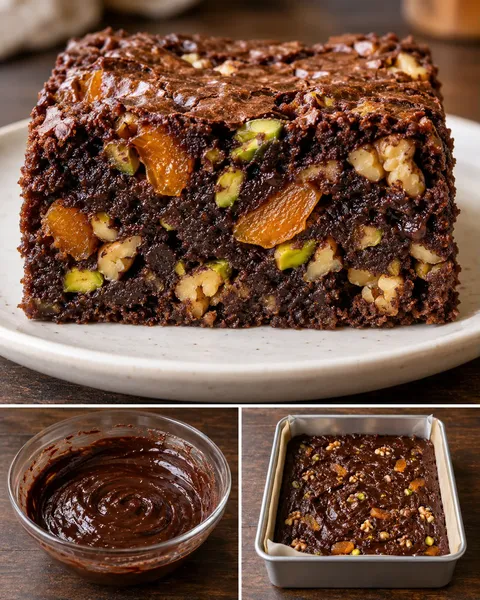 Brownie — gedroogde abrikozen, pistachenoten, walnoten