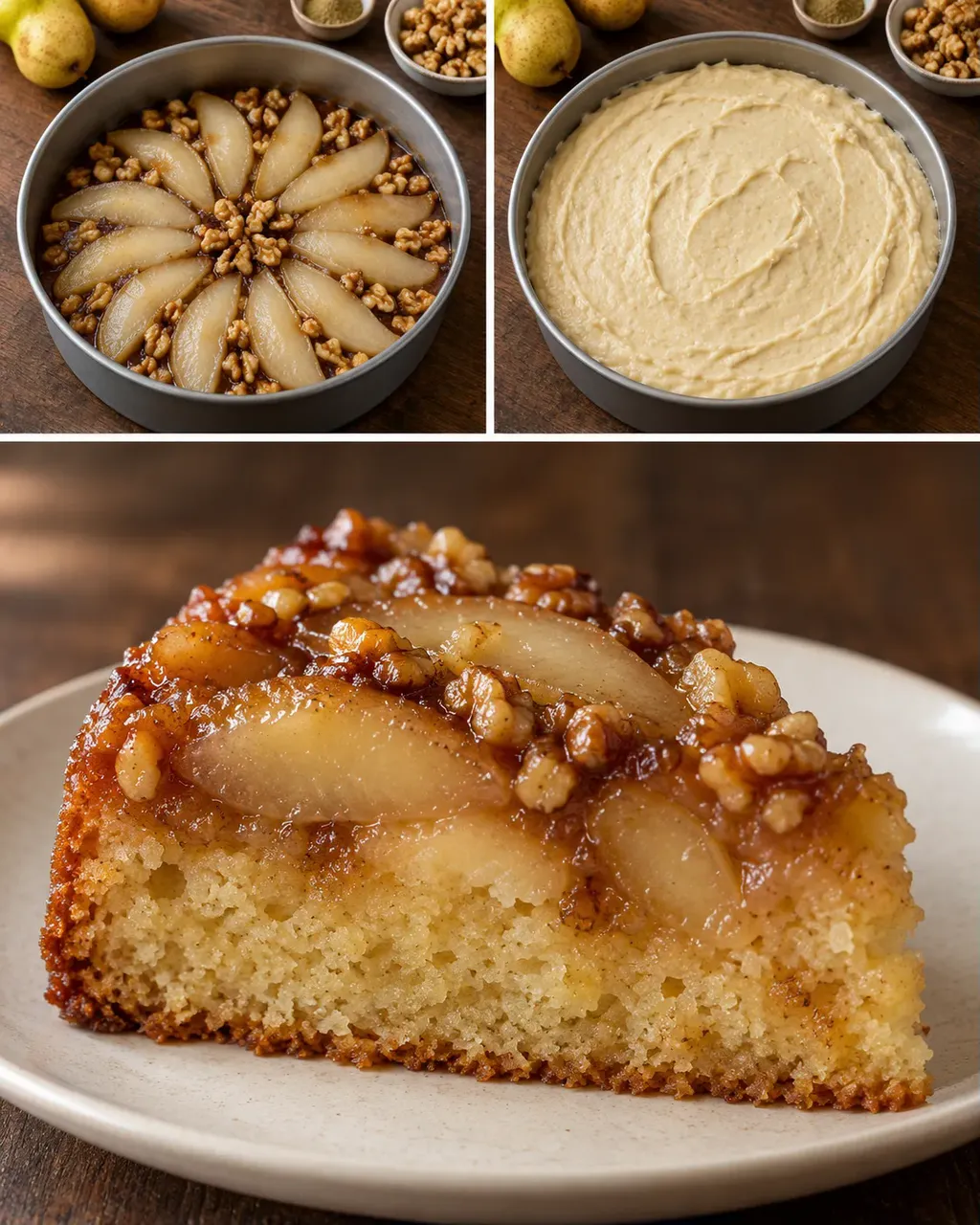 Omgekeerde fruitcake — peer, kardemom, walnoten