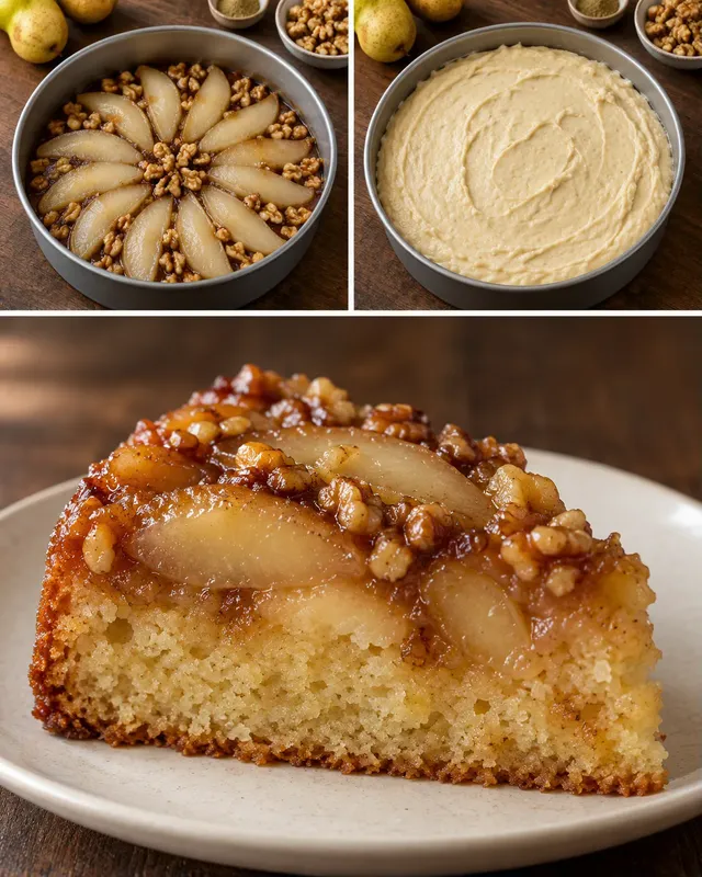 Omgekeerde fruitcake — peer, kardemom, walnoten