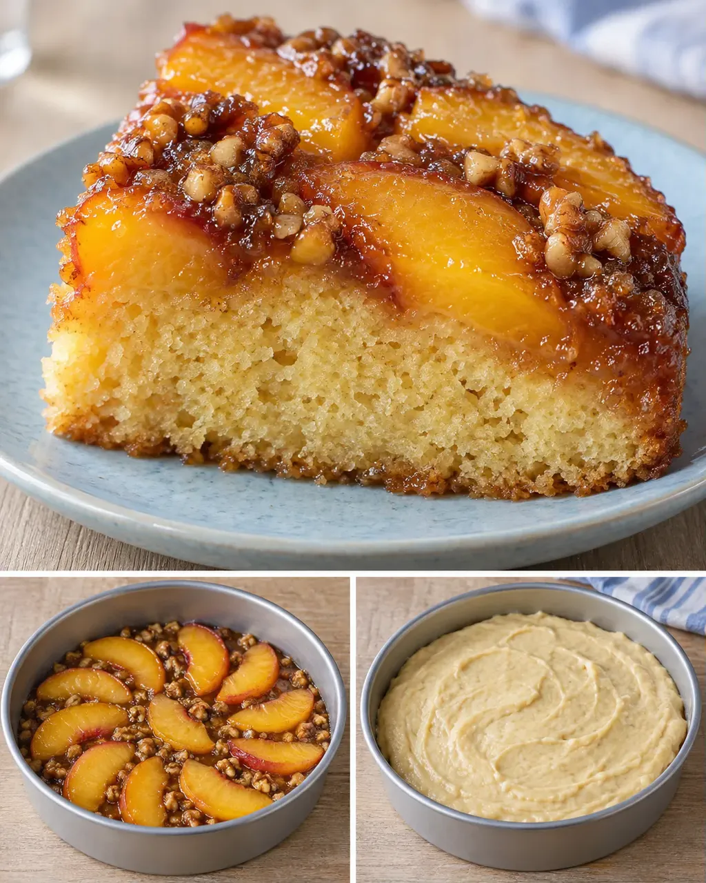 Omgekeerde fruitcake — perzik, vanille, walnoten