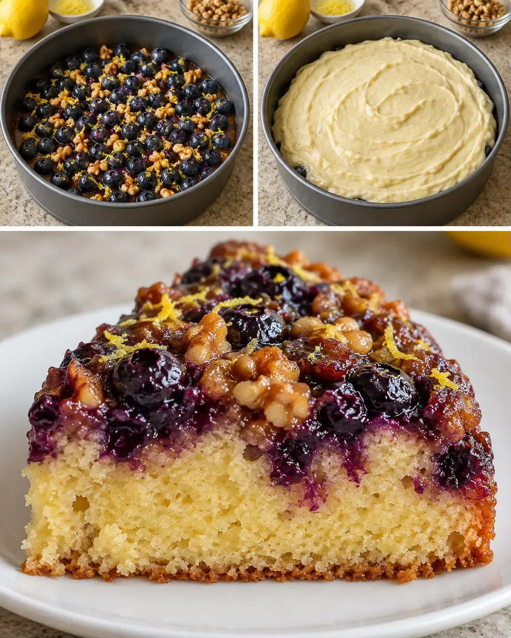 Omgekeerde fruitcake — blauwe bessen, citroen, walnoten