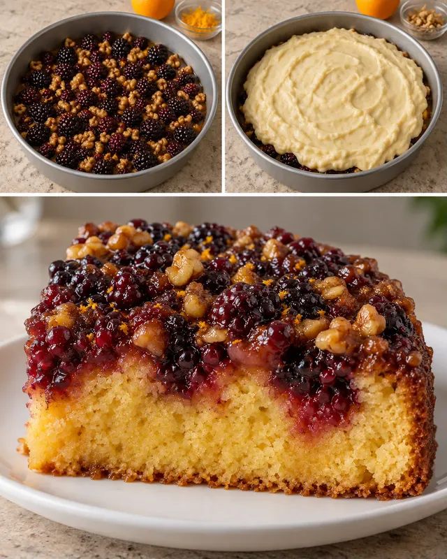 Omgekeerde fruitcake — braam, sinaasappel, walnoten