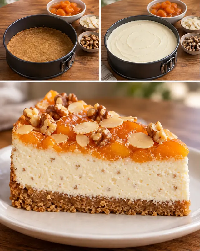 Gebakken cheesecake — abrikoos, amandelen, walnoten