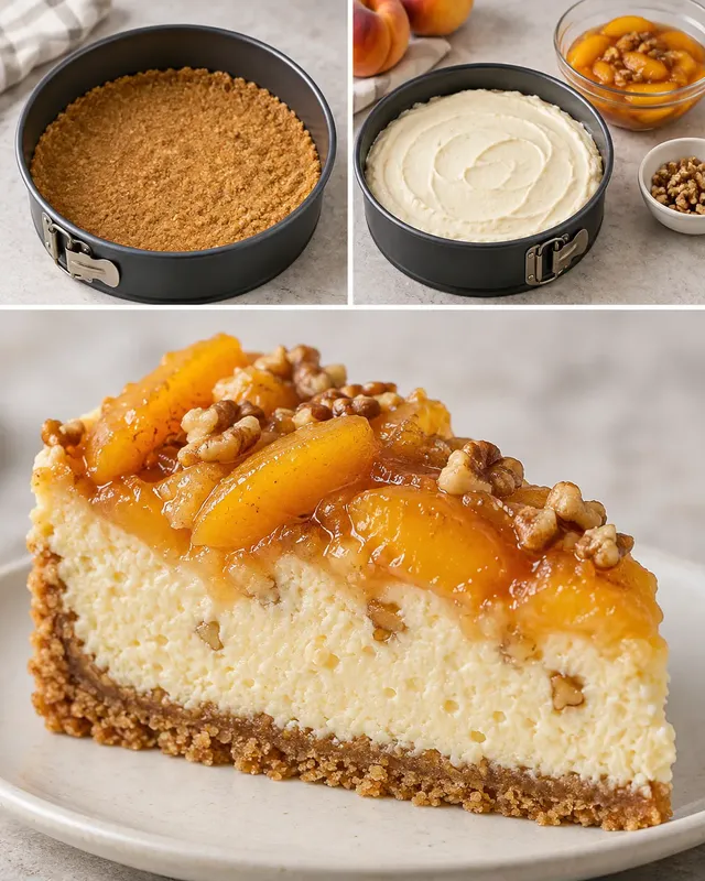 Gebakken cheesecake — perzik, vanille, walnoten