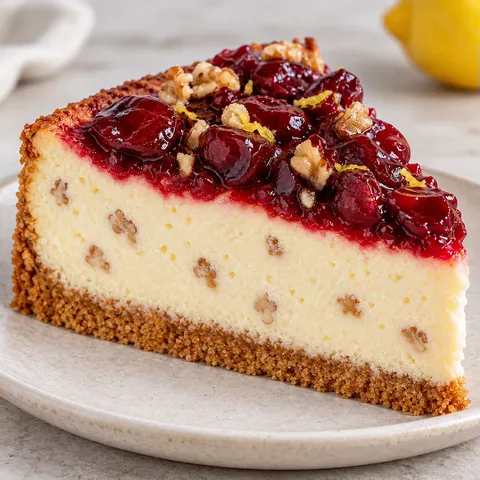 Gebakken cheesecake — zure kersen, citroen, walnoten
