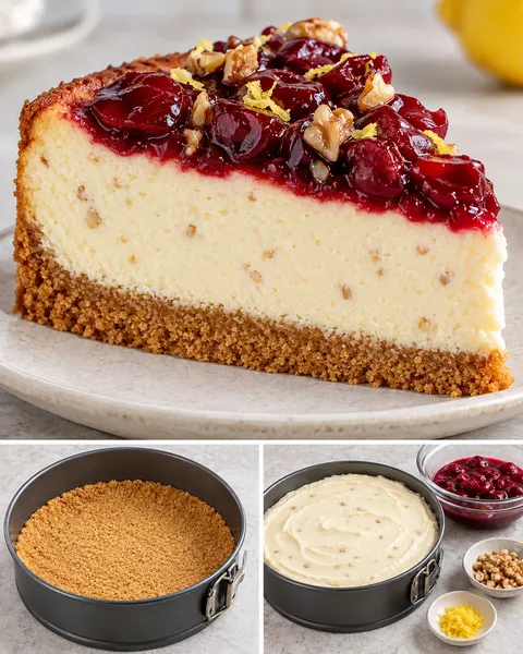 Gebakken cheesecake — zure kersen, citroen, walnoten
