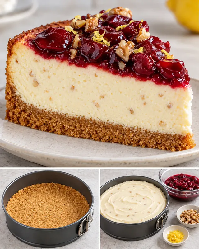 Gebakken cheesecake — zure kersen, citroen, walnoten