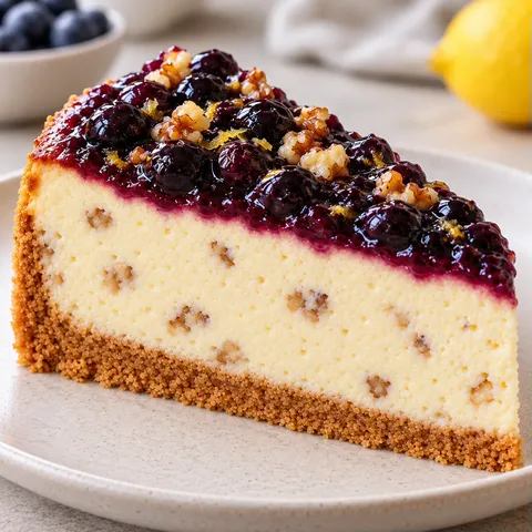 Gebakken cheesecake — blauwe bessen, citroen, walnoten