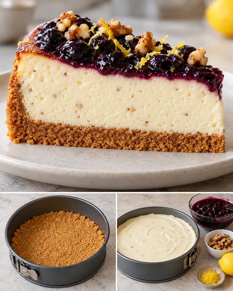 Gebakken cheesecake — blauwe bessen, citroen, walnoten