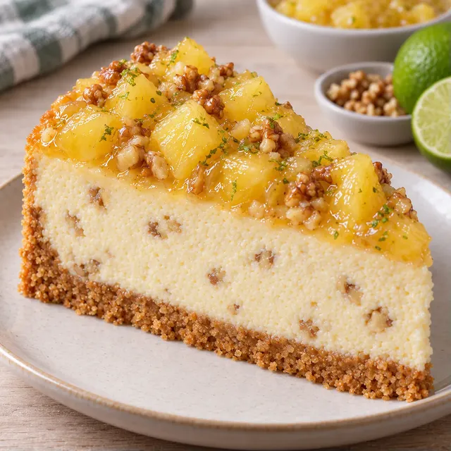 Gebakken cheesecake — ananas, limoen, walnoten