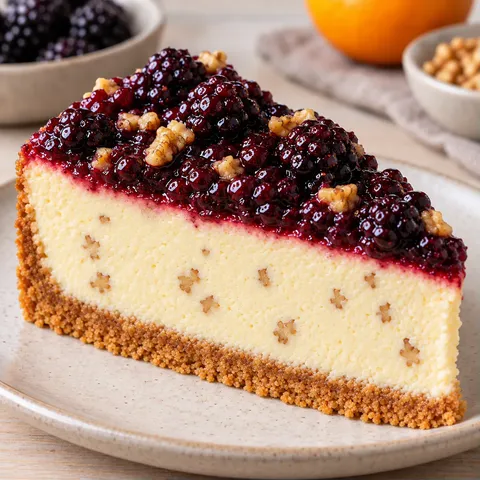 Gebakken cheesecake — braam, sinaasappel, walnoten