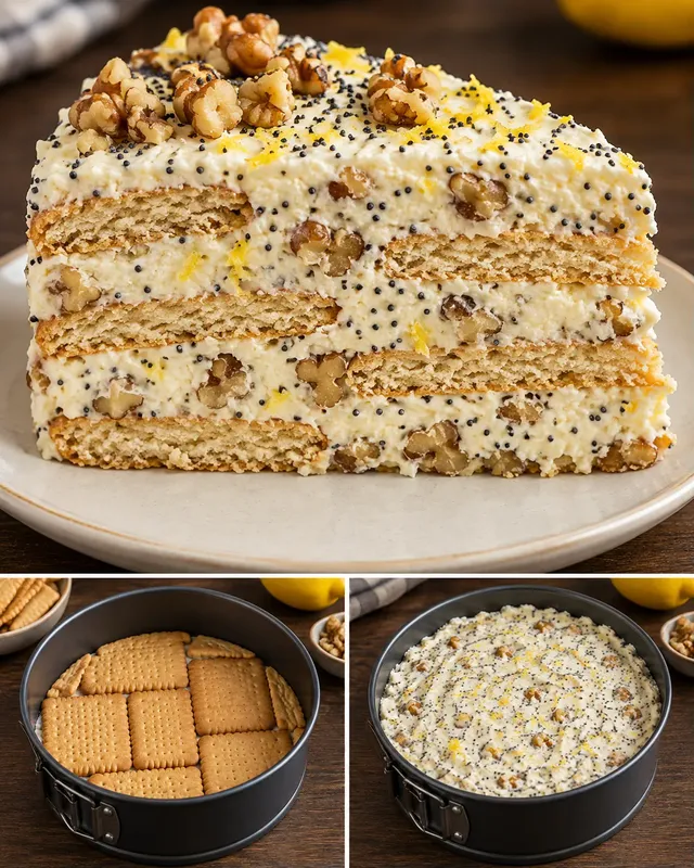 Koekjestaart zonder oven — citroen, maanzaad, walnoten