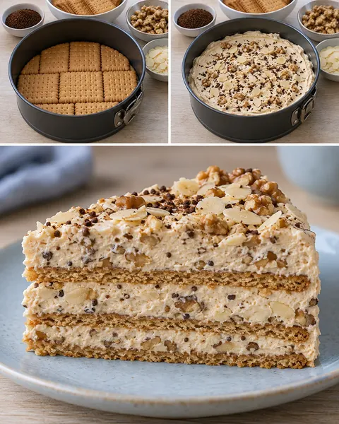 Koekjestaart zonder oven — koffie, walnoten, amandelen