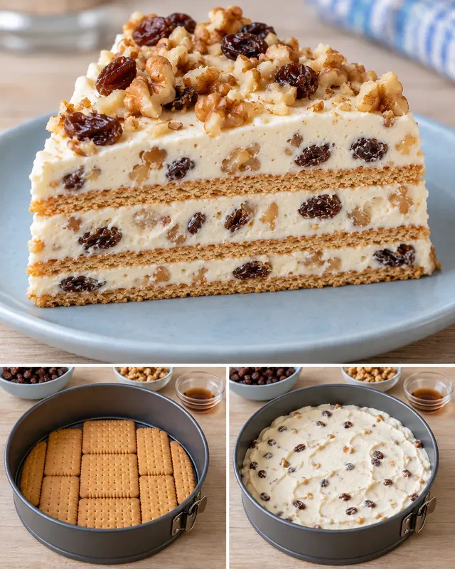 Koekjestaart zonder oven — rozijnen, vanille, walnoten