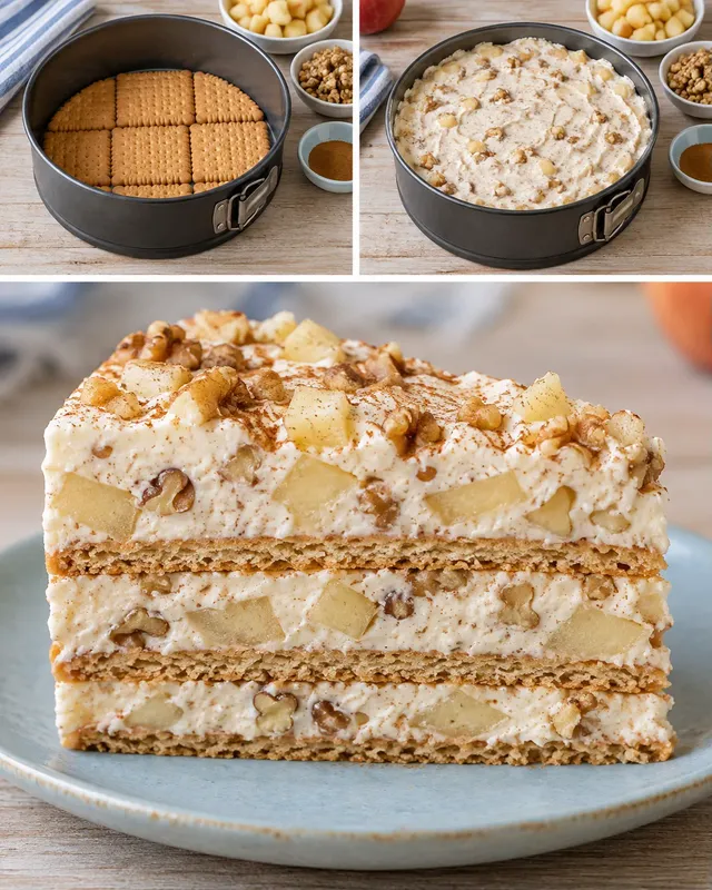 Koekjestaart zonder oven — appel, kaneel, walnoten