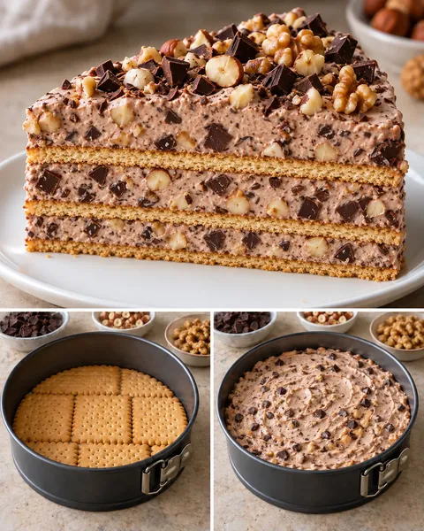 Koekjestaart zonder oven — pure chocolade, hazelnoten, walnoten