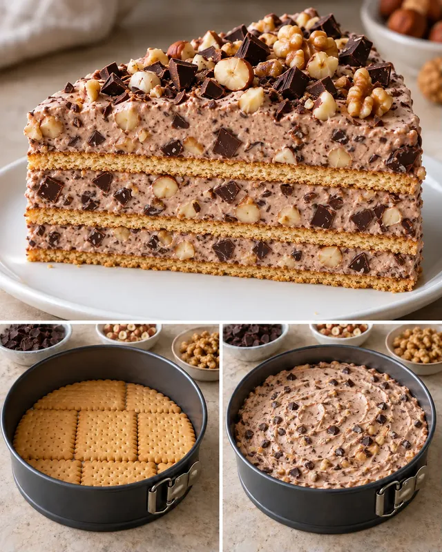 Koekjestaart zonder oven — pure chocolade, hazelnoten, walnoten