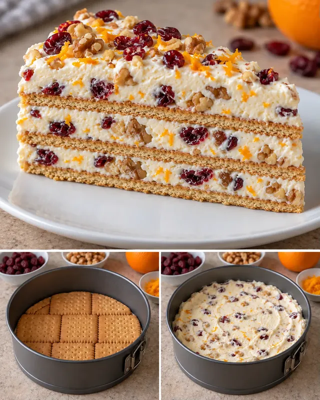 Koekjestaart zonder oven — cranberry’s, sinaasappel, walnoten