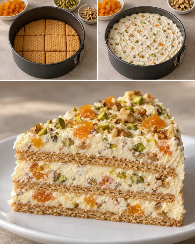 Koekjestaart zonder oven — gedroogde abrikozen, pistachenoten, walnoten