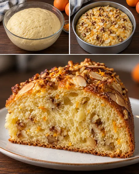 Zoete gistcake — sinaasappel, amandelen, walnoten