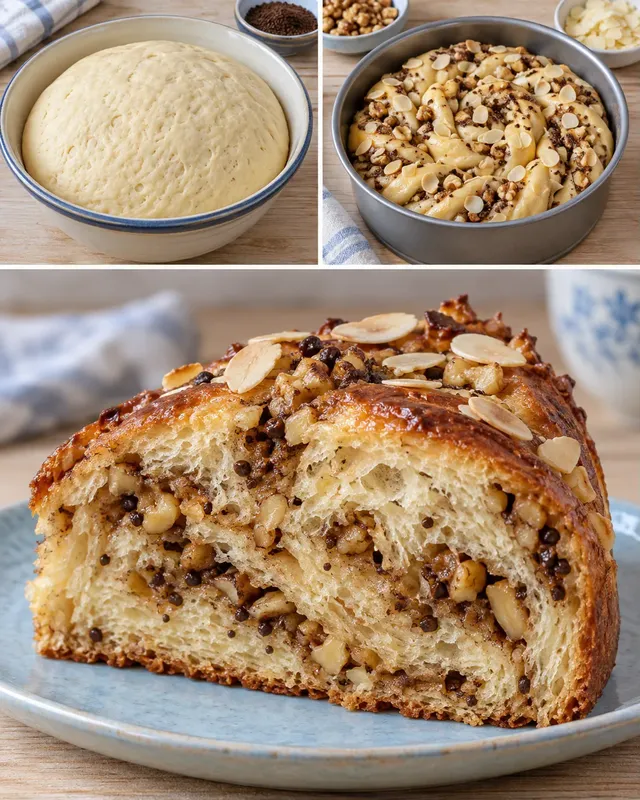 Zoete gistcake — koffie, walnoten, amandelen