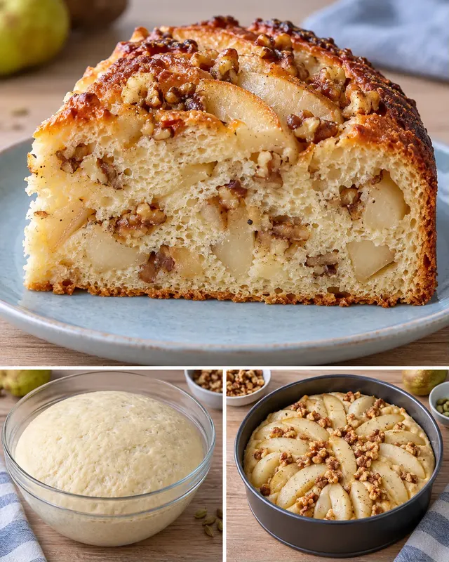 Zoete gistcake — peer, kardemom, walnoten