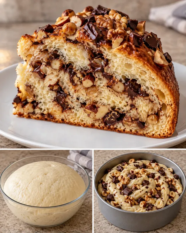 Zoete gistcake — pure chocolade, hazelnoten, walnoten
