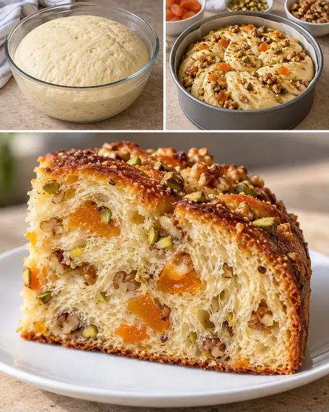 Zoete gistcake — gedroogde abrikozen, pistachenoten, walnoten