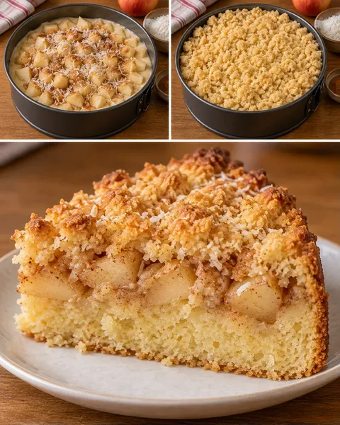 Cake met kruimeltopping — appel, kaneel, kokos