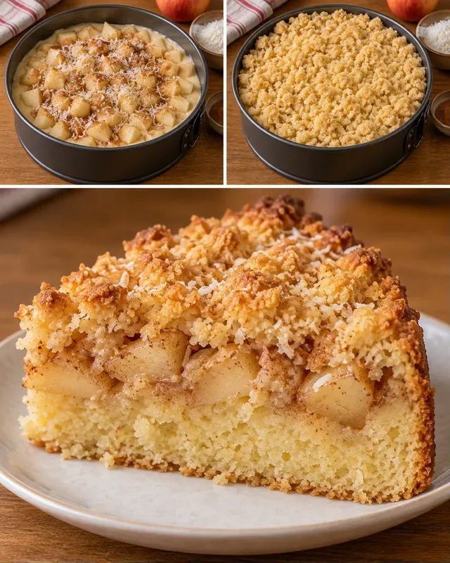 Cake met kruimeltopping — appel, kaneel, kokos