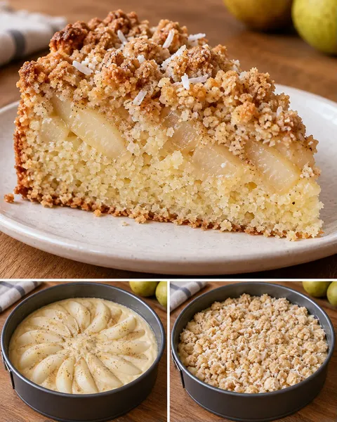 Cake met kruimeltopping — peer, kardemom, kokos