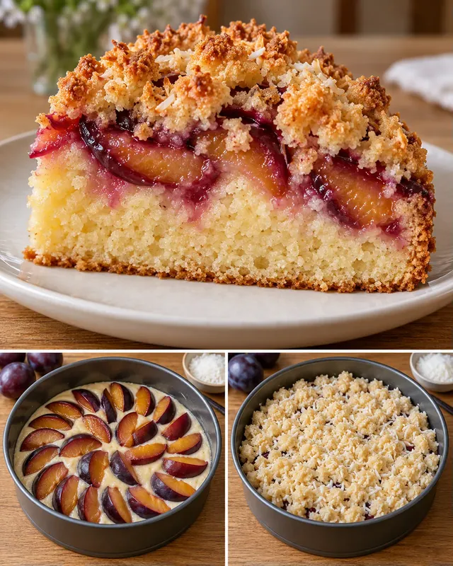Cake met kruimeltopping — pruim, vanille, kokos