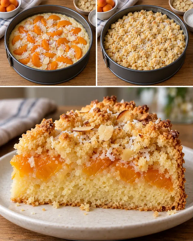 Cake met kruimeltopping — abrikoos, amandelen, kokos