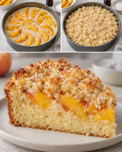 Cake met kruimeltopping — perzik, vanille, kokos