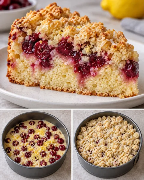 Cake met kruimeltopping — zure kersen, citroen, kokos