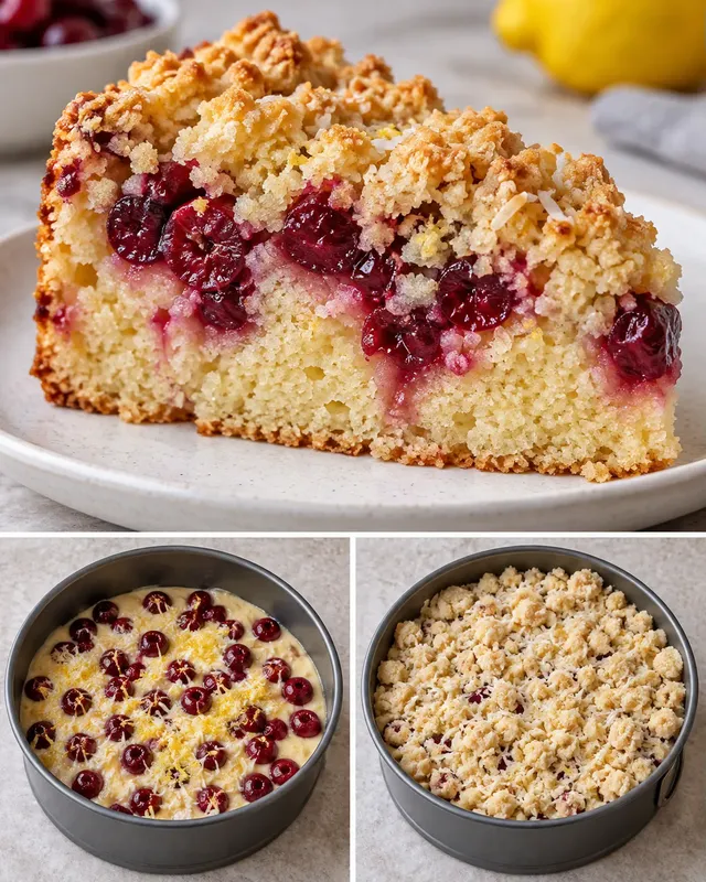 Cake met kruimeltopping — zure kersen, citroen, kokos