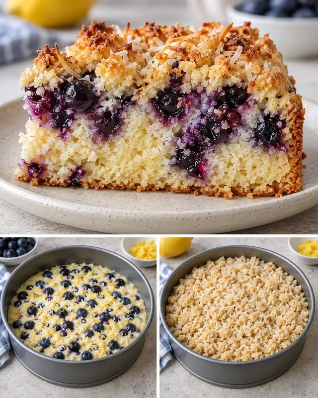 Cake met kruimeltopping — blauwe bessen, citroen, kokos