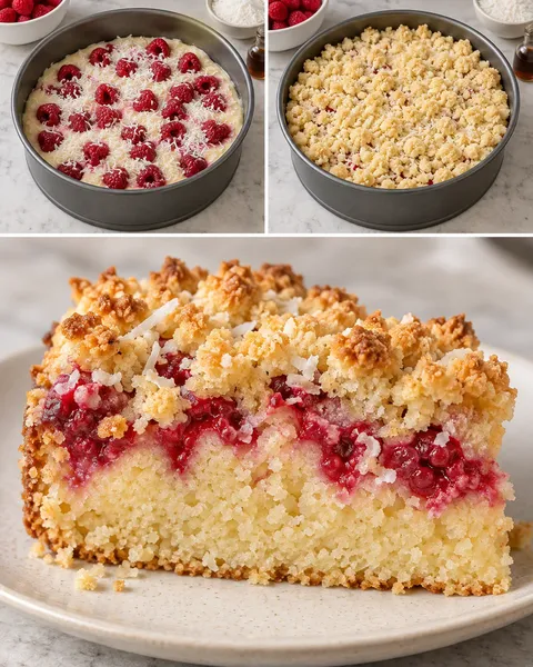 Cake met kruimeltopping — framboos, vanille, kokos