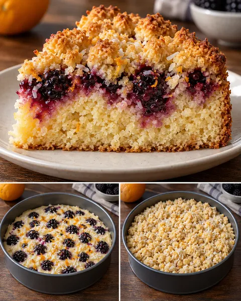 Cake met kruimeltopping — braam, sinaasappel, kokos