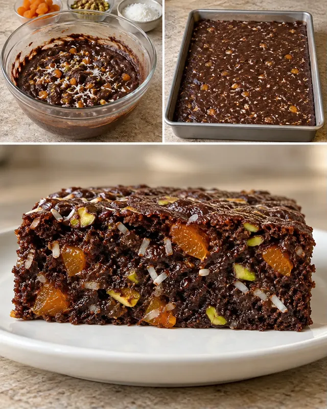 Cacaocake — gedroogde abrikozen, pistachenoten, kokos