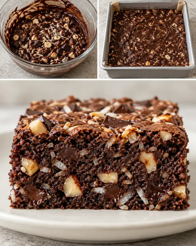 Brownie — pure chocolade, hazelnoten, kokos