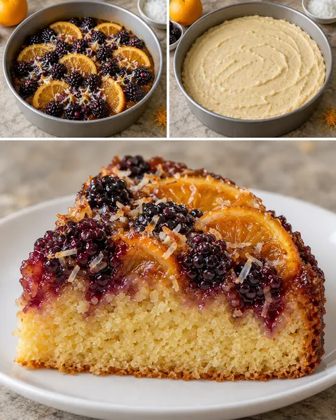 Omgekeerde fruitcake — braam, sinaasappel, kokos