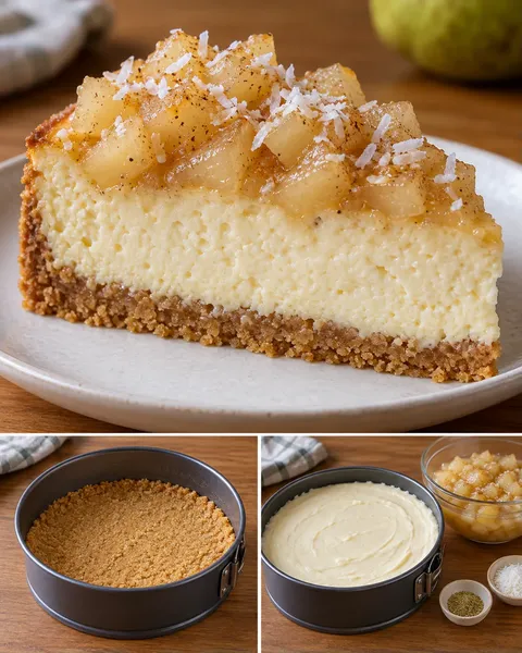 Gebakken cheesecake — peer, kardemom, kokos