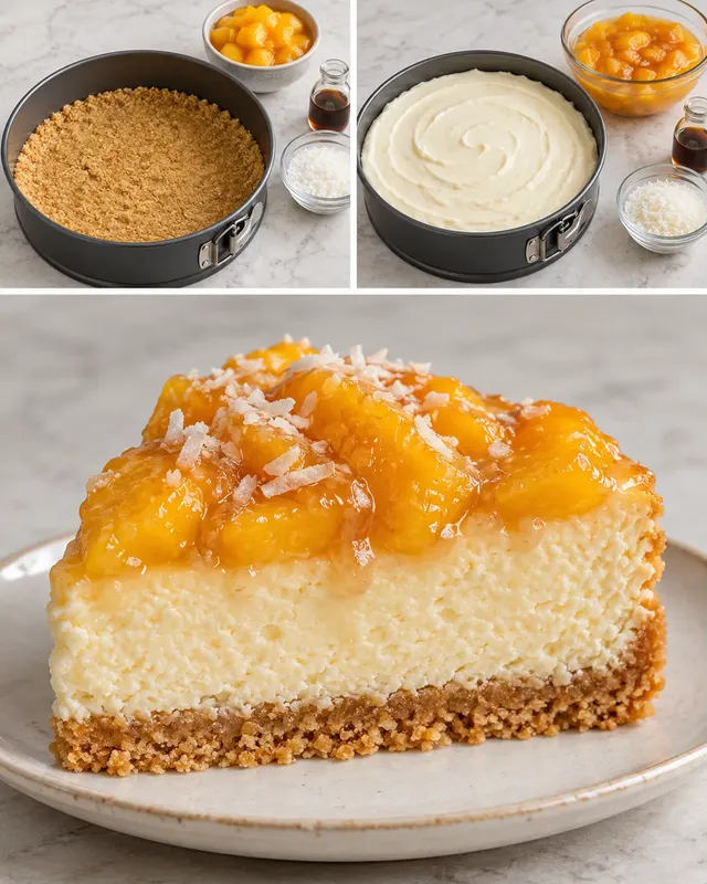 Gebakken cheesecake — perzik, vanille, kokos