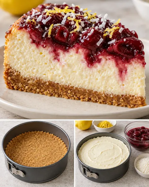 Gebakken cheesecake — zure kersen, citroen, kokos