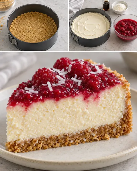 Gebakken cheesecake — framboos, vanille, kokos