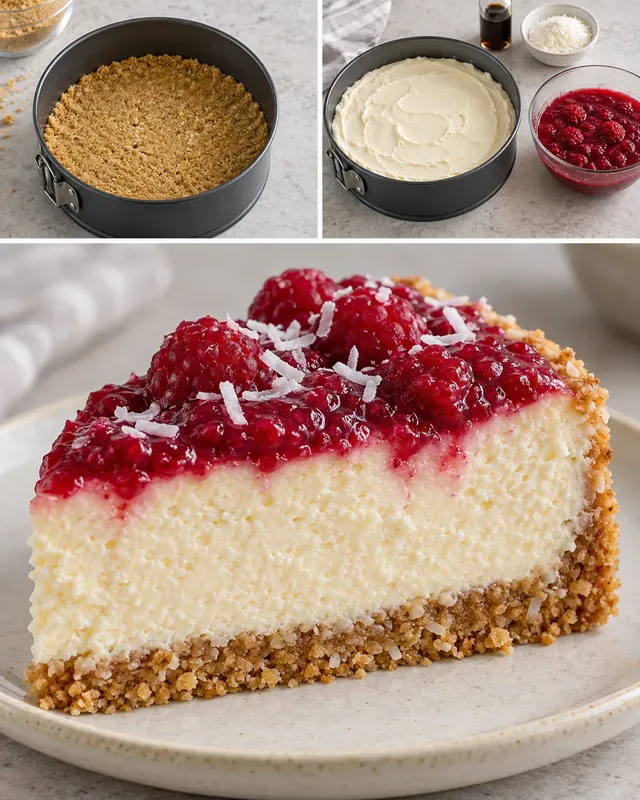Gebakken cheesecake — framboos, vanille, kokos